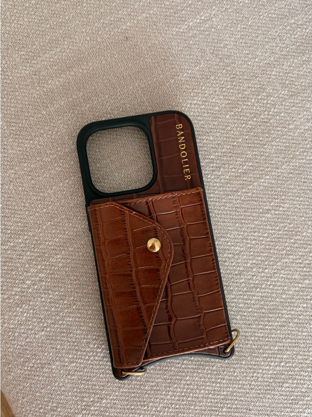Bandolier Brown Croc-Embossed Leather Card Case Phone Cover iPhone 15 pro gently